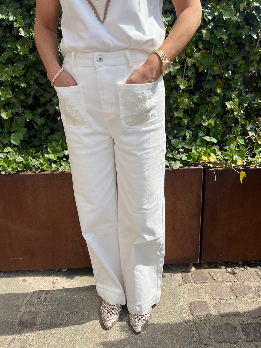 Boho - Jeans m. broderi - hvid