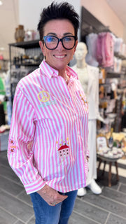 Qnuz - Striped Shirt med broderi - Rosa
